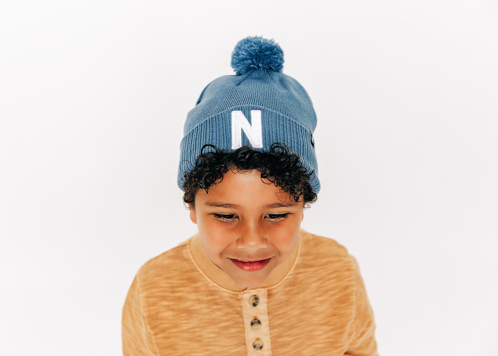 Blue Letter Pom Pom Hat