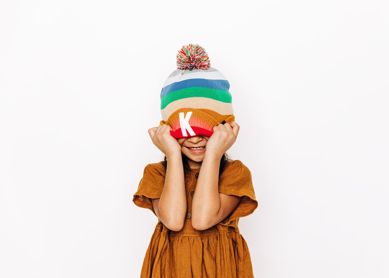 Bright Stripe Letter Pom Pom Hat