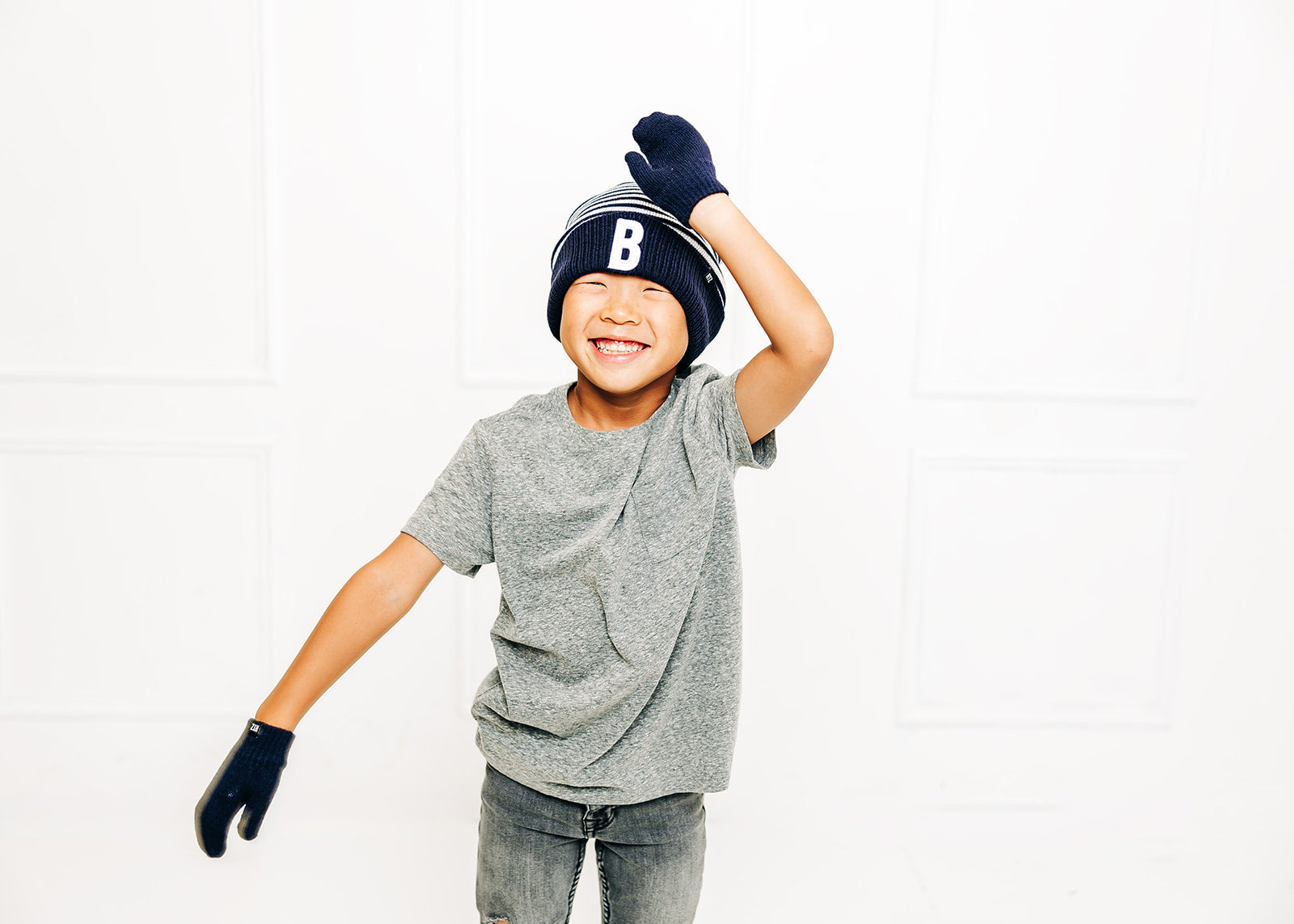 Blue &amp; White Stripe Letter Pom Pom Hat