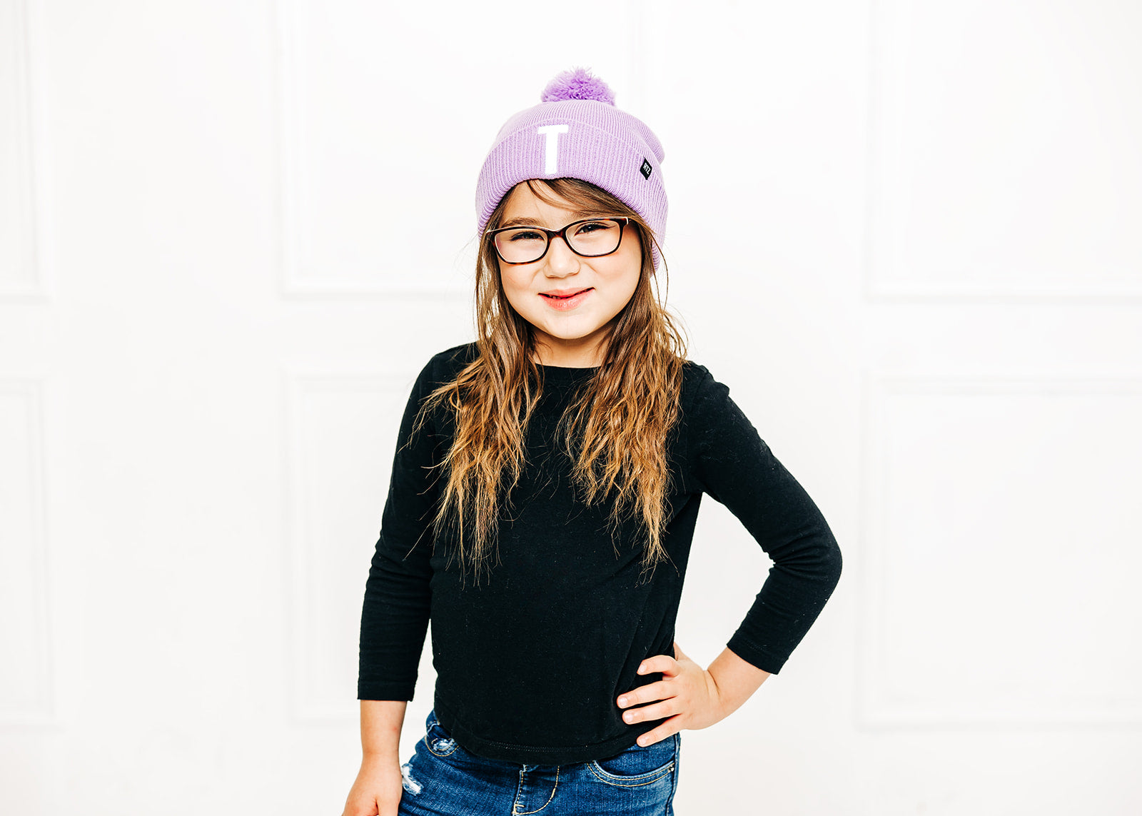Purple Letter Pom Pom Hat