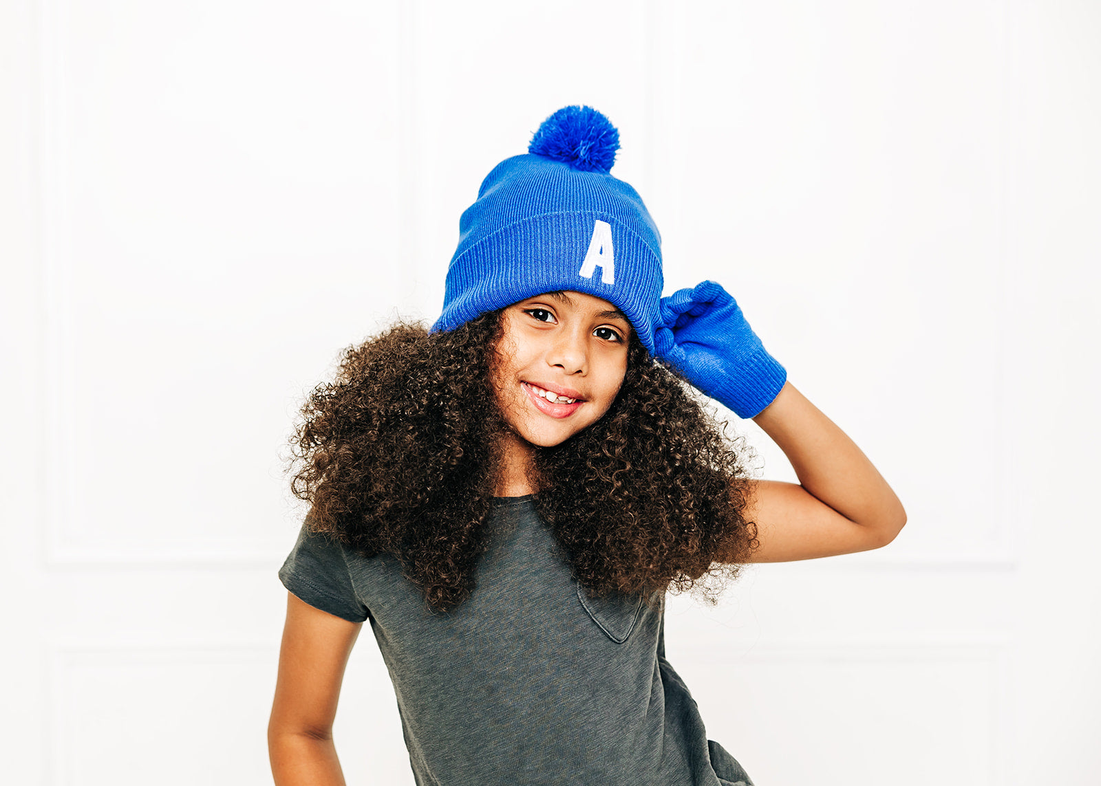 Cobalt Letter Pom Pom Hat