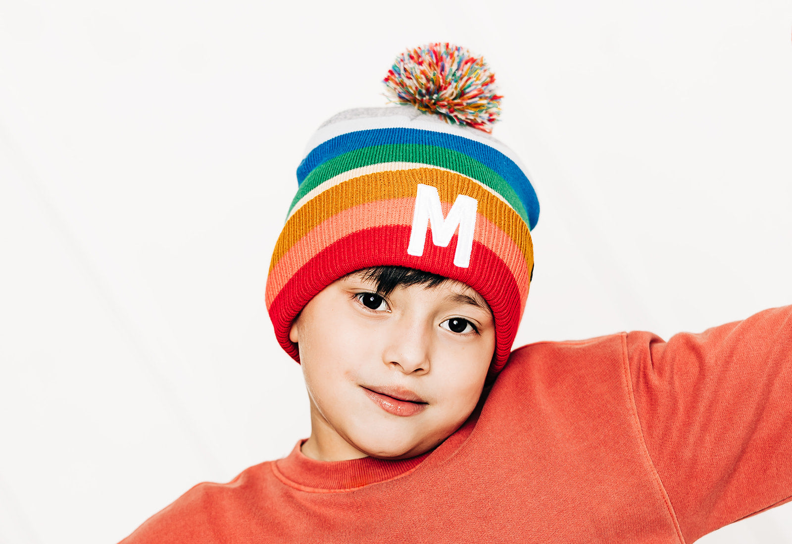 Bright Stripe Letter Pom Pom Hat