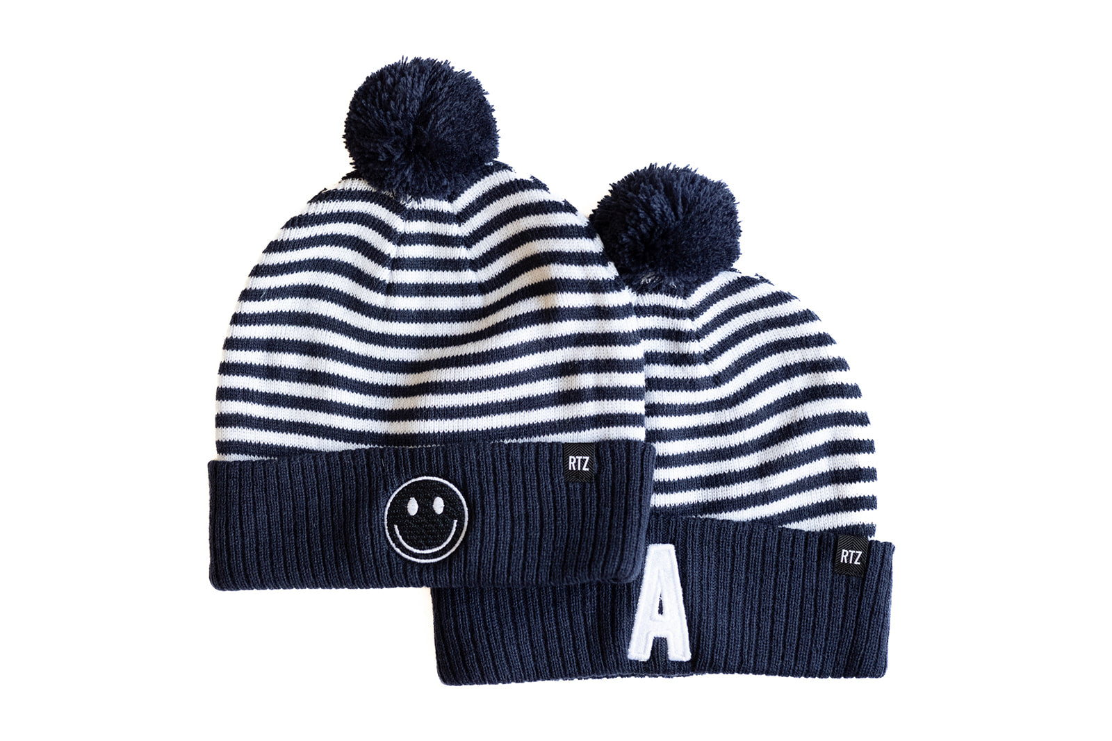 Blue &amp; White Stripe Letter Pom Pom Hat
