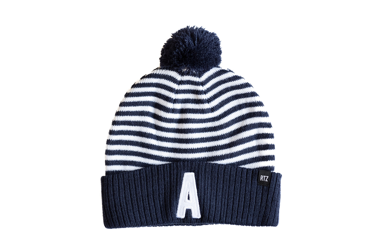 Blue & White Stripe Letter Pom Pom Hat