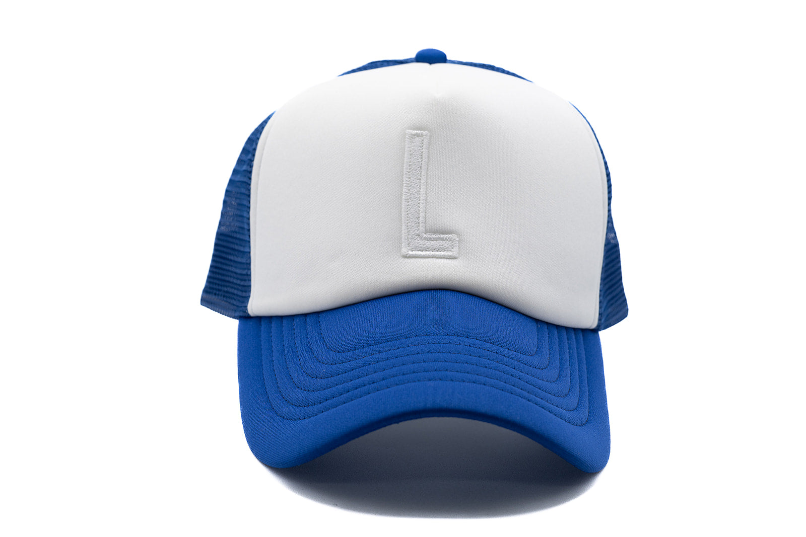 Royal Blue & White Foam Letter Trucker Hat