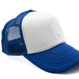 Royal Blue & White Letter Trucker Hat