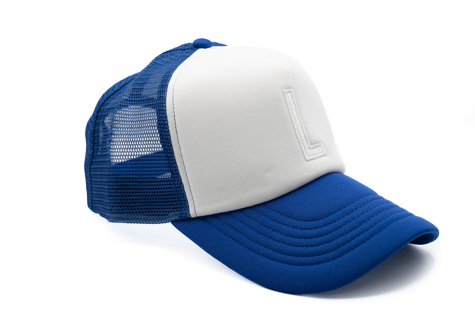 Royal Blue & White Foam Letter Trucker Hat
